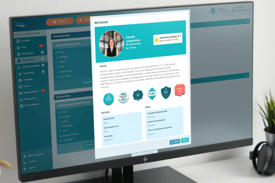 recruiter-badges-2 A recruiter profile on TalentVine showcasing the various recruiter badges
